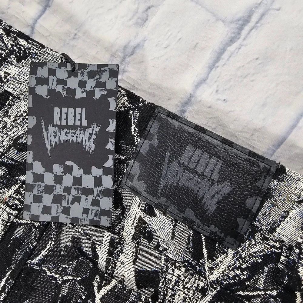 Rebel Vengeance Tapestry Cargo Pants Mens 28 Black White Tree Print Frayed Hem